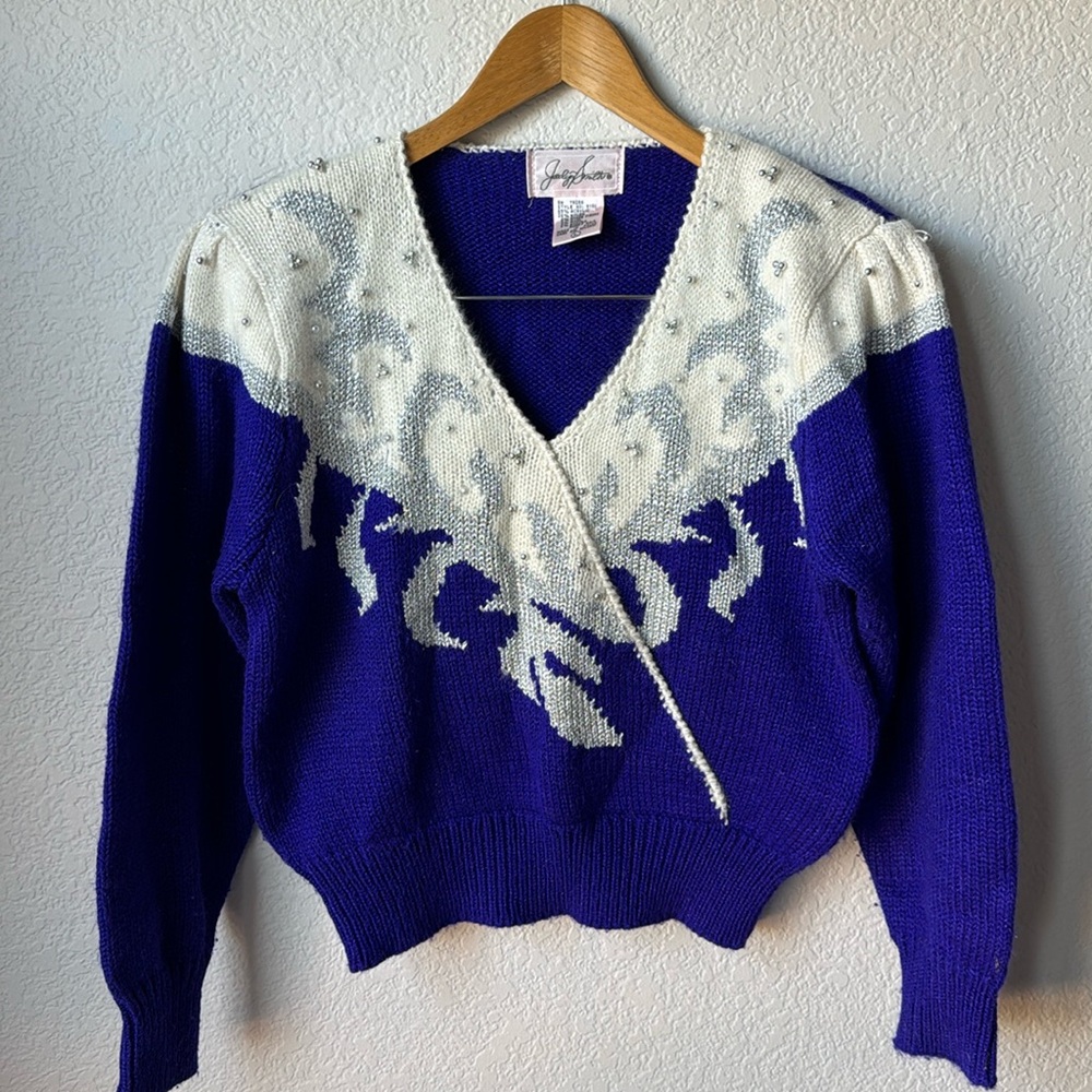 JACLYN SMITH VINTAGE Deep Purple Sweater with Silver Beadwork Angora /Wool LG